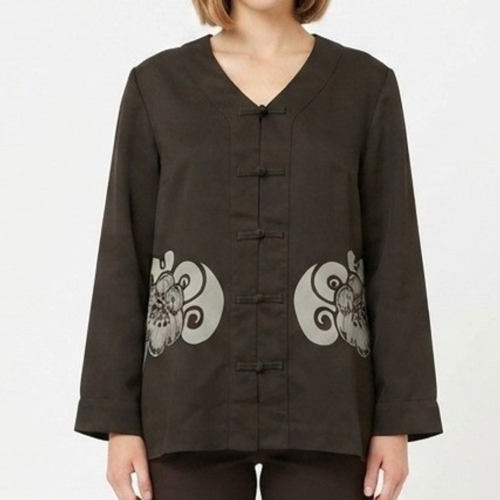 Liz Claiborne Frog Button Blouse Womens Large Black Floral Asian Inspired Top